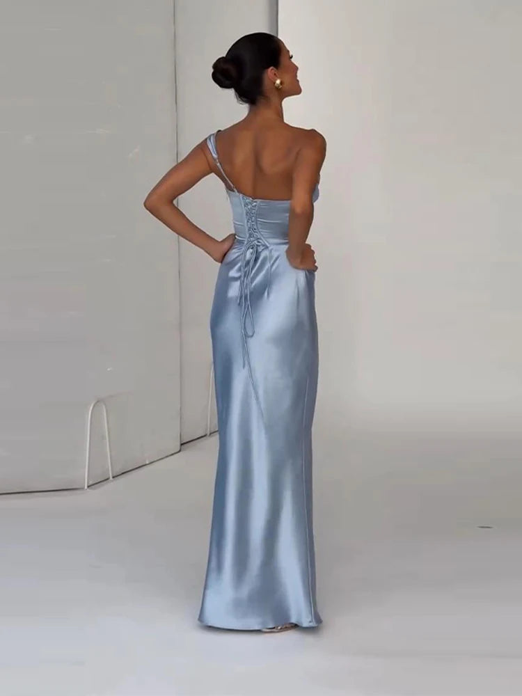 Blue satin dress back view