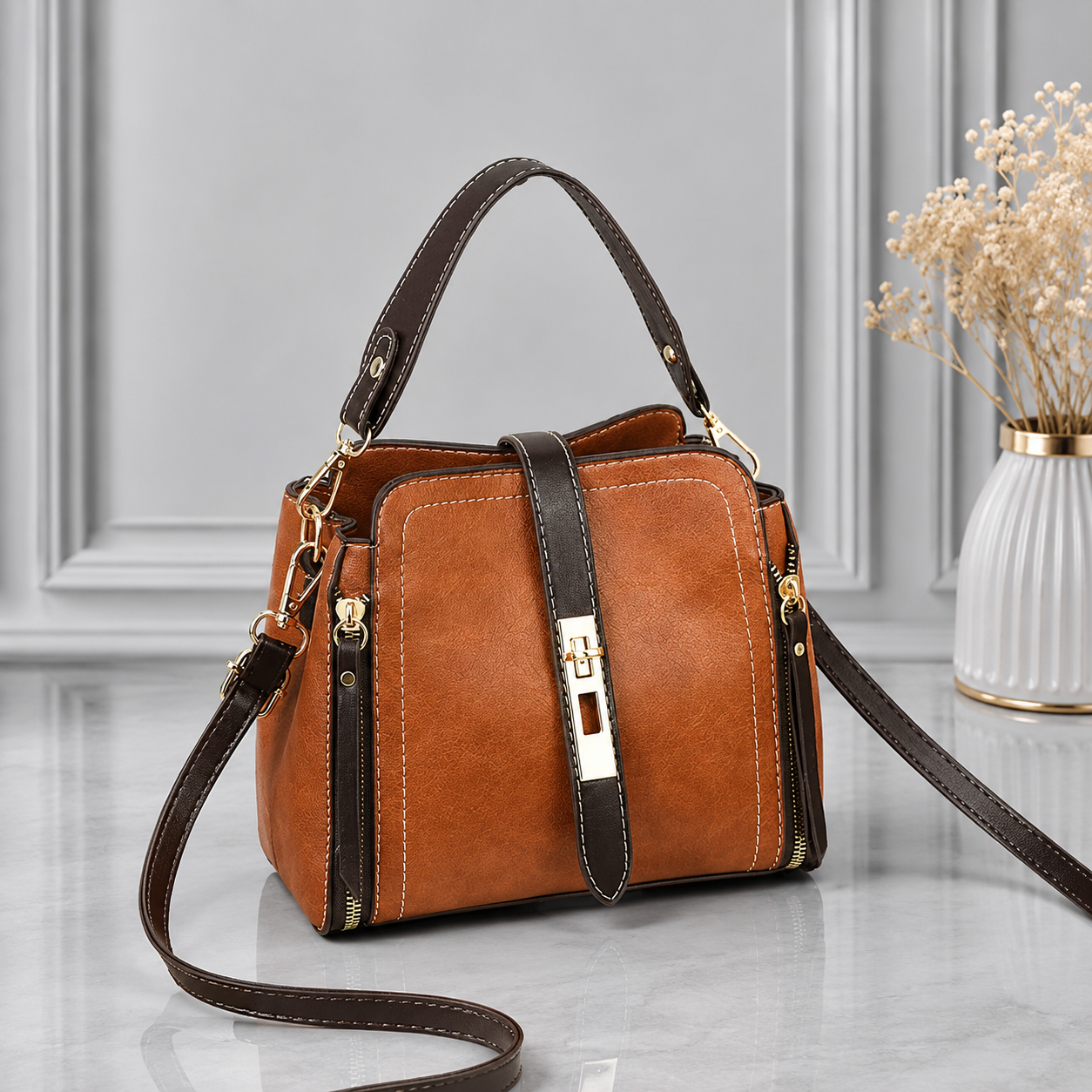 Brown leather look handbag
