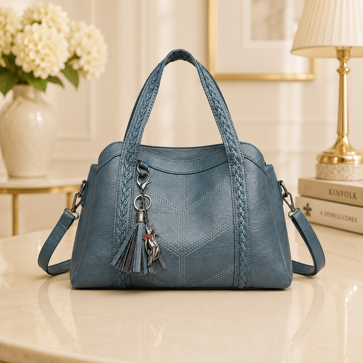 Leather handbag with tassel
