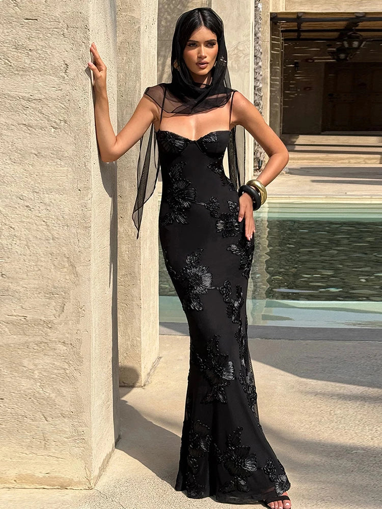 Elegant appliqué detailed evening dress front view