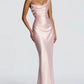 Pink one-shoulder satin dress