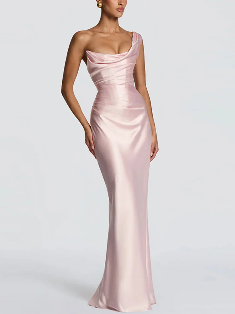Pink one-shoulder satin dress