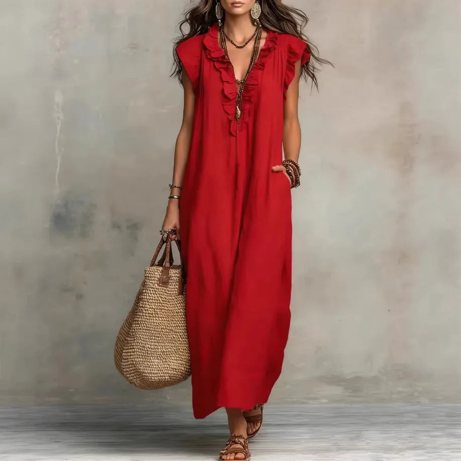 Casual V Neck Long Dress