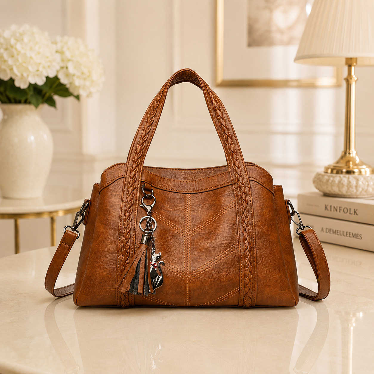 Leather Tote Bag with Tassel Charm
