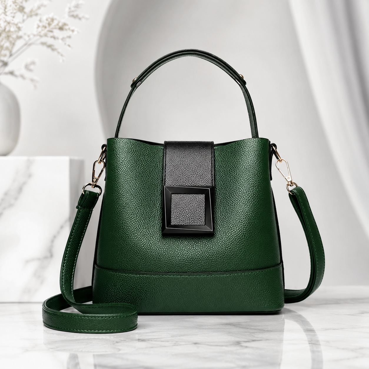Green leather bucket handbag