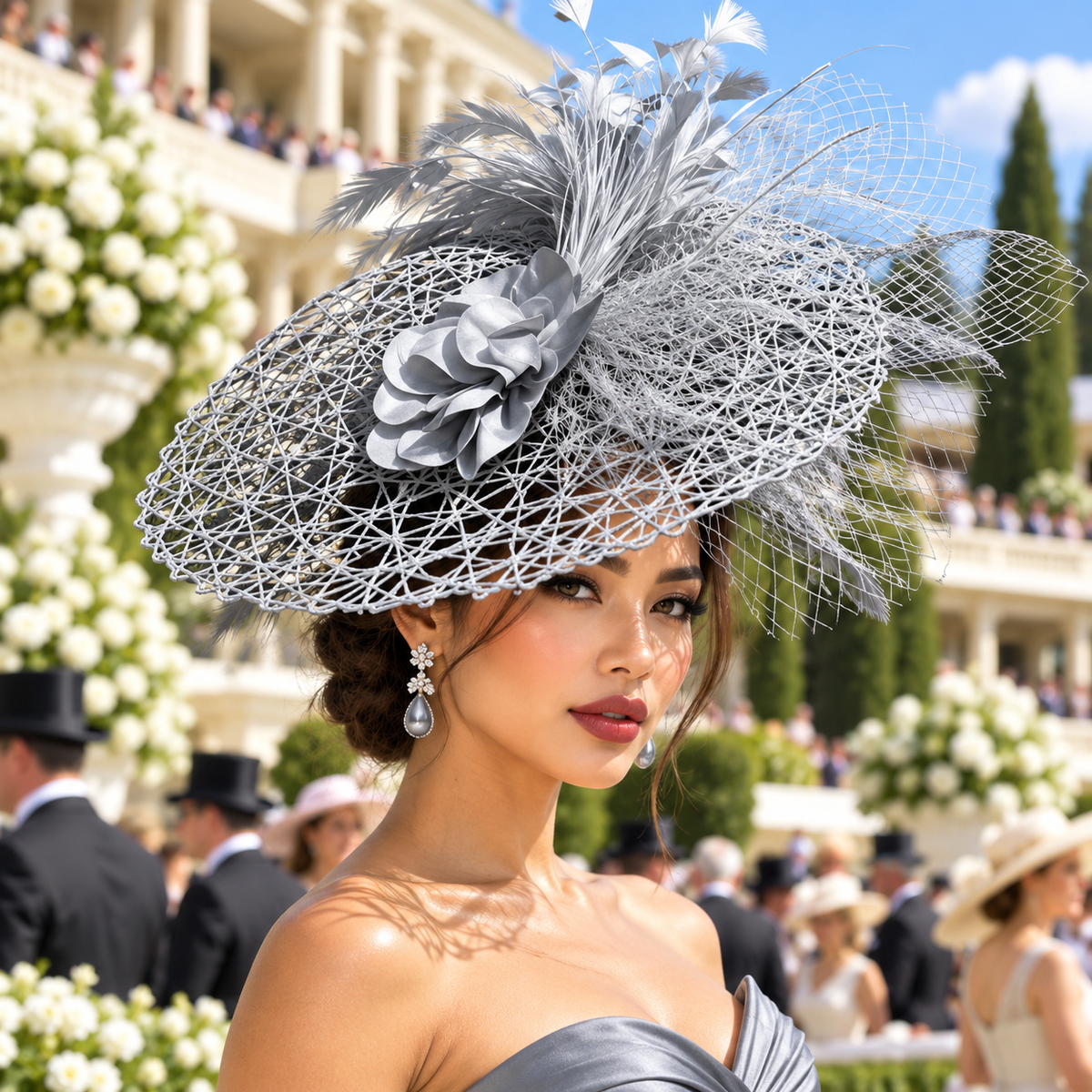 Gray wide brim fascinator hat