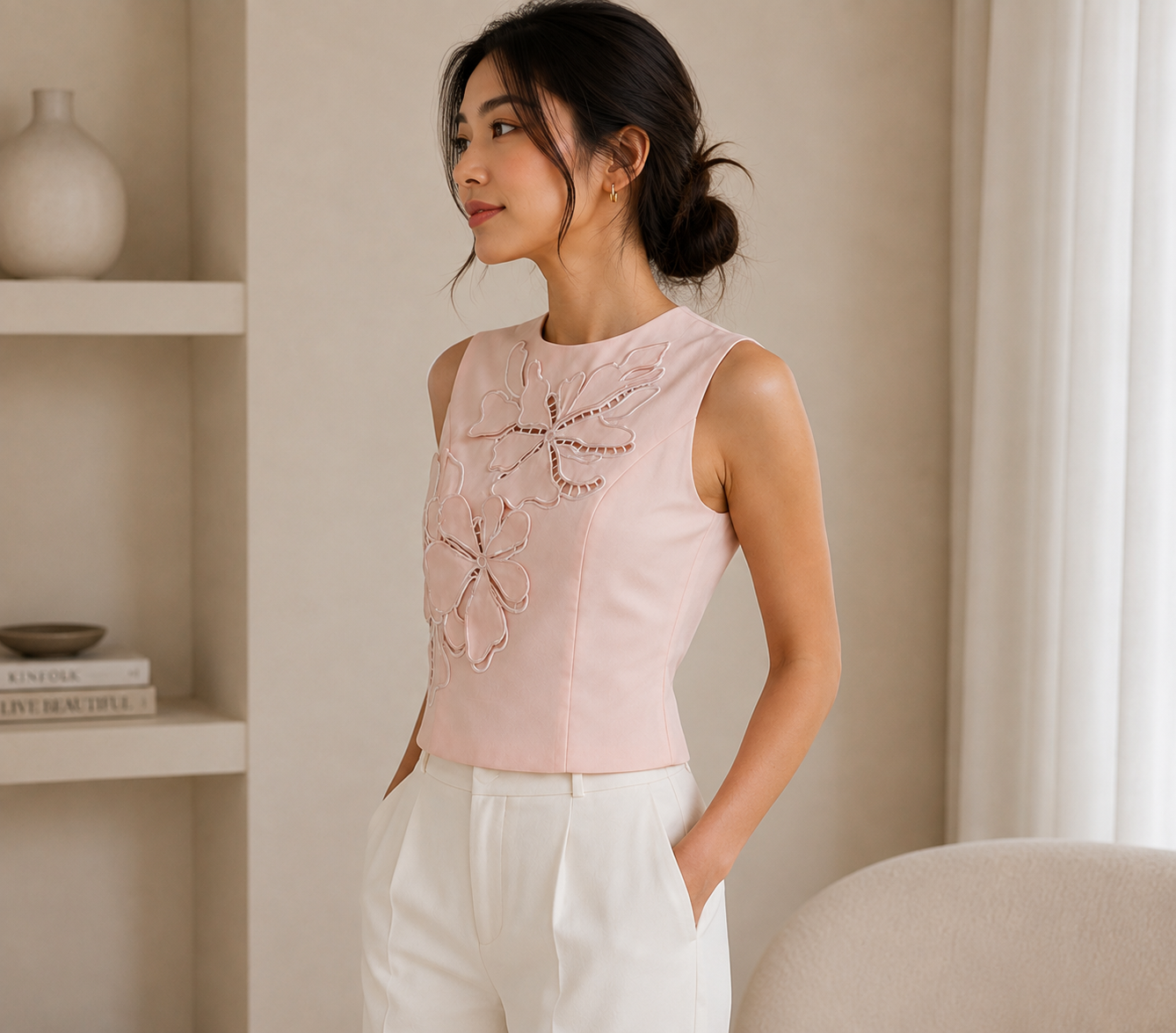 Pink floral appliqué top
