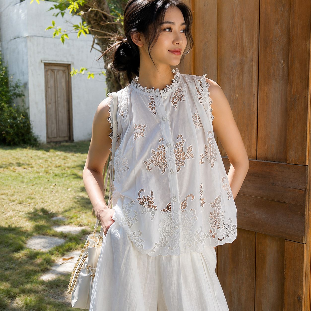 Mock neck lace blouse