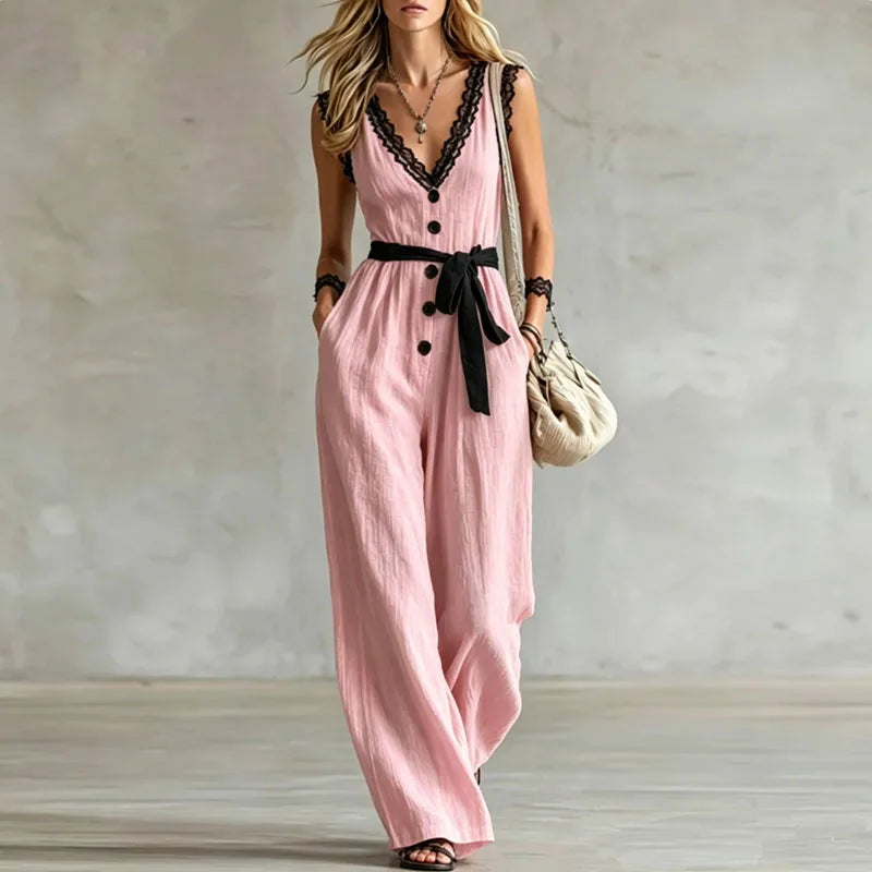 Pink button front jumpsuit