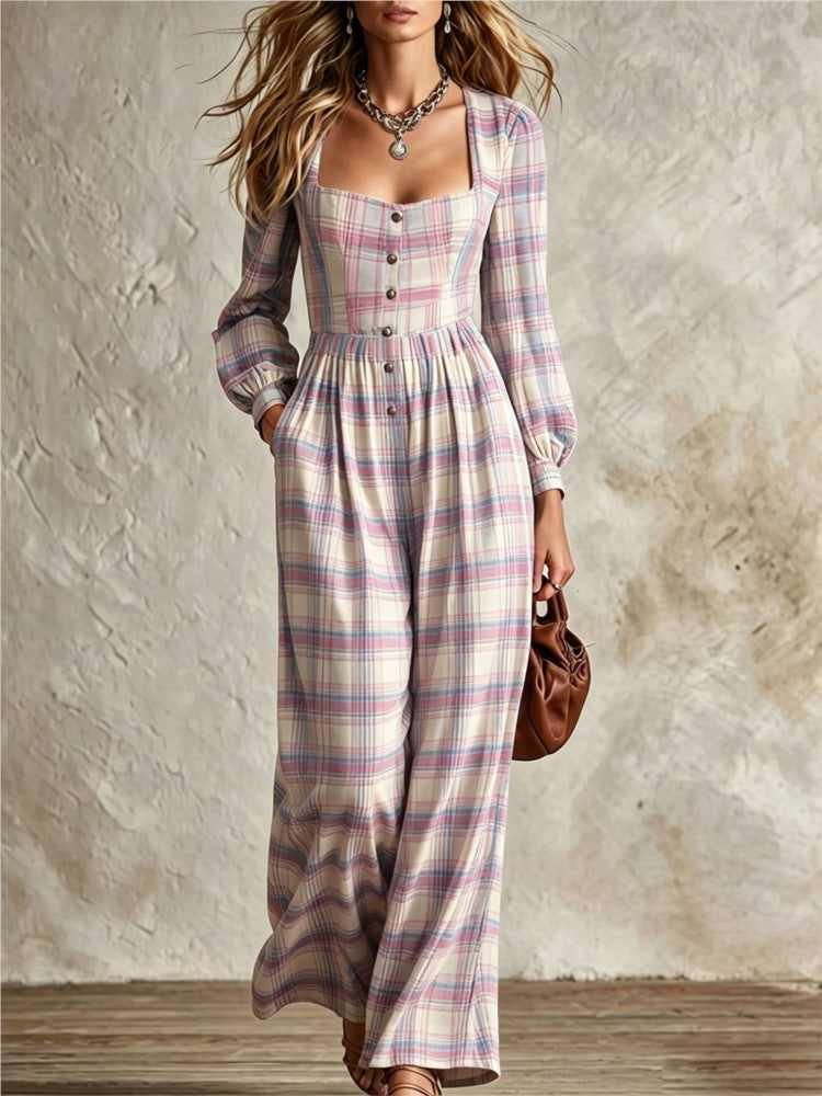 Square neck plaid jumpsuit