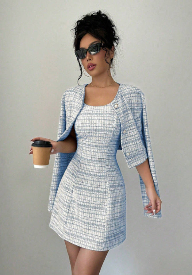 Sleeveless plaid tweed dress set