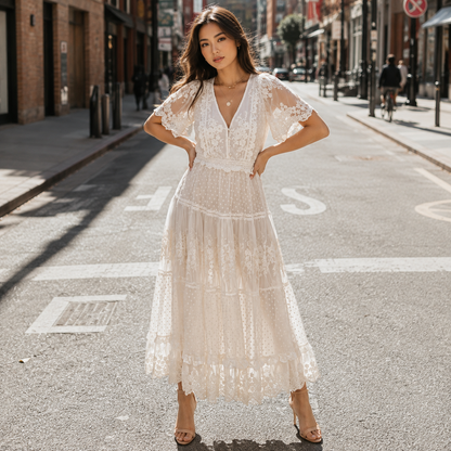 White floral lace midi dress