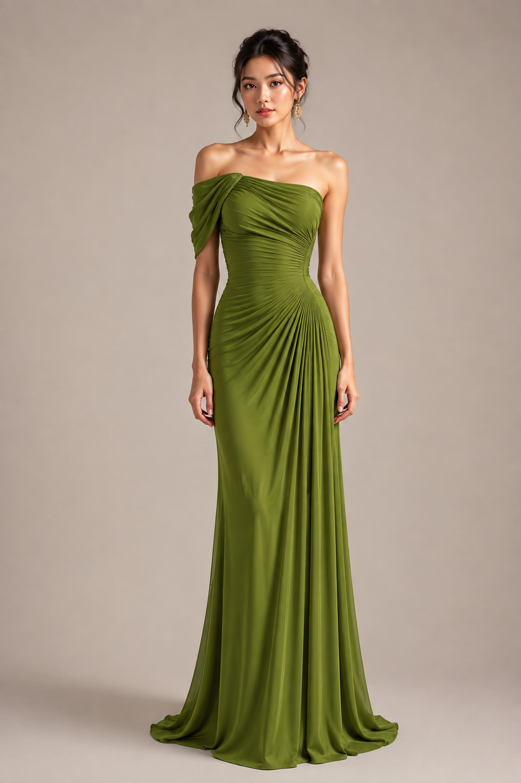 Green one shoulder gown