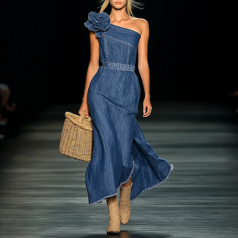 Flower Detail Denim Dress