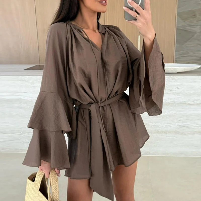 Ruffle Sleeve Mini Dress : Deep V-Neck Loose Dress