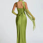 Square neck green evening dress back view