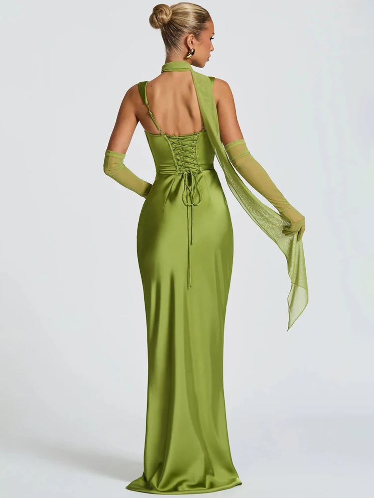 Square neck green evening dress back view