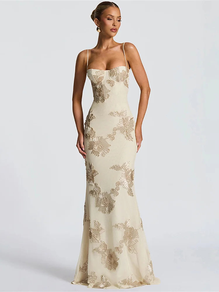 Spaghetti strap dress with appliqué details front view
