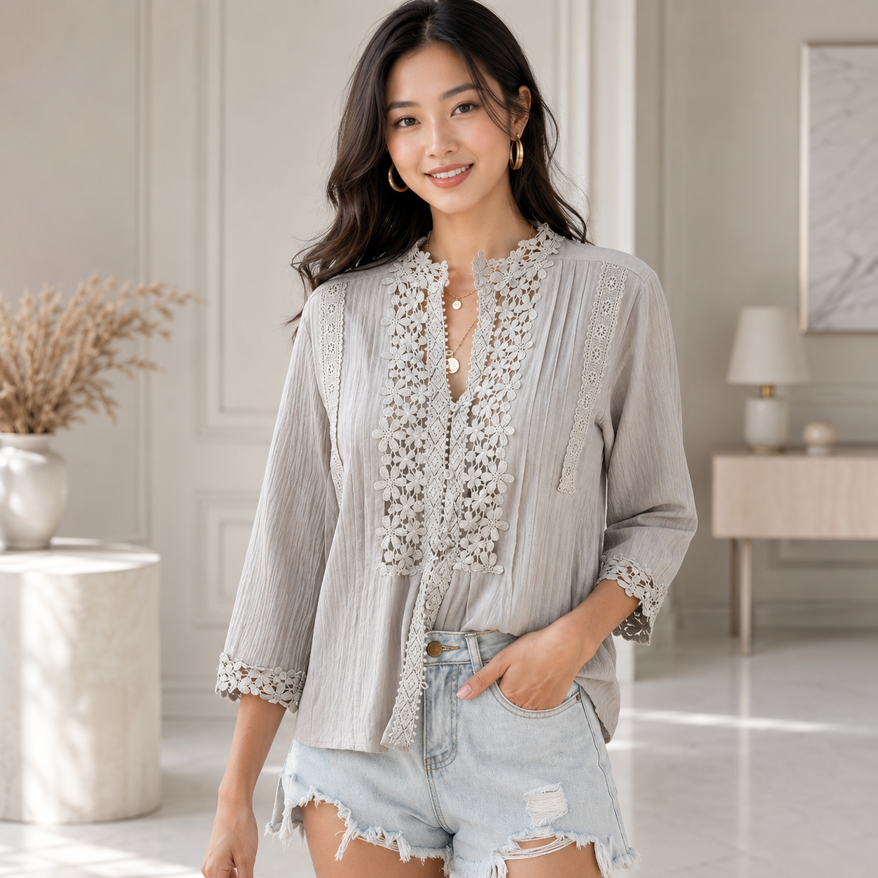 Lace trim casual blouse