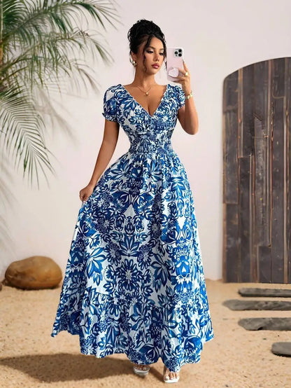 White blue A-line floral dress