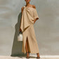 One Shoulder Two Piece Set: Asymmetrical Draped Top and Wide Leg Pants Outfit