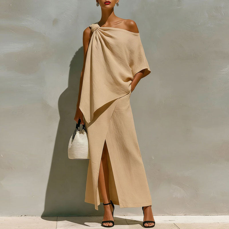 One Shoulder Two Piece Set: Asymmetrical Draped Top and Wide Leg Pants Outfit