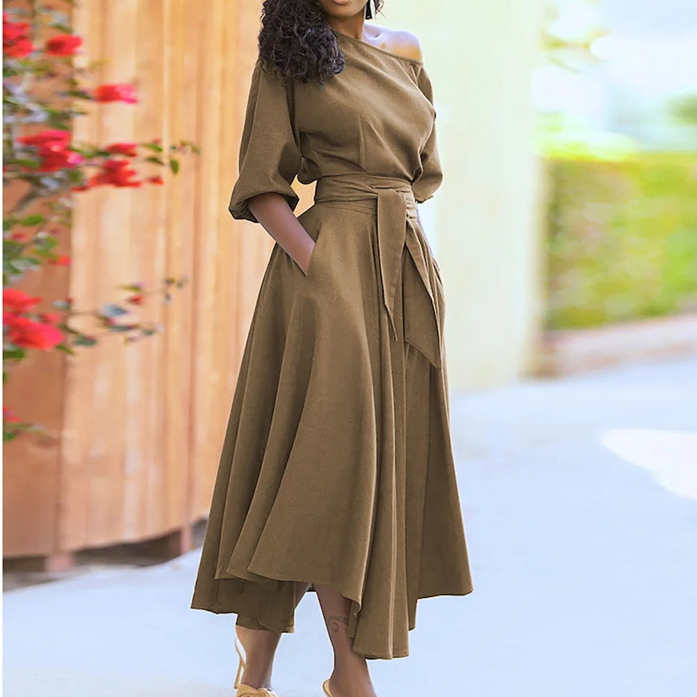 khaki off shoulder dress