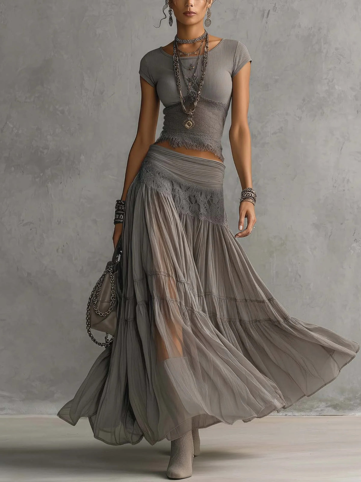 Black boho maxi skirt set