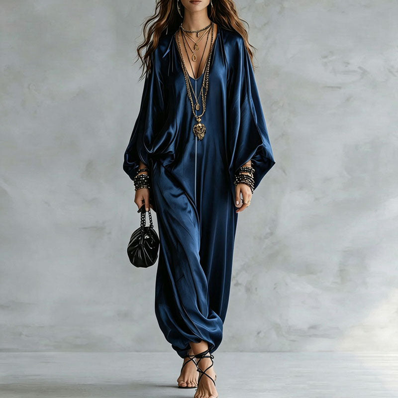 Navy satin harem jumpsuit