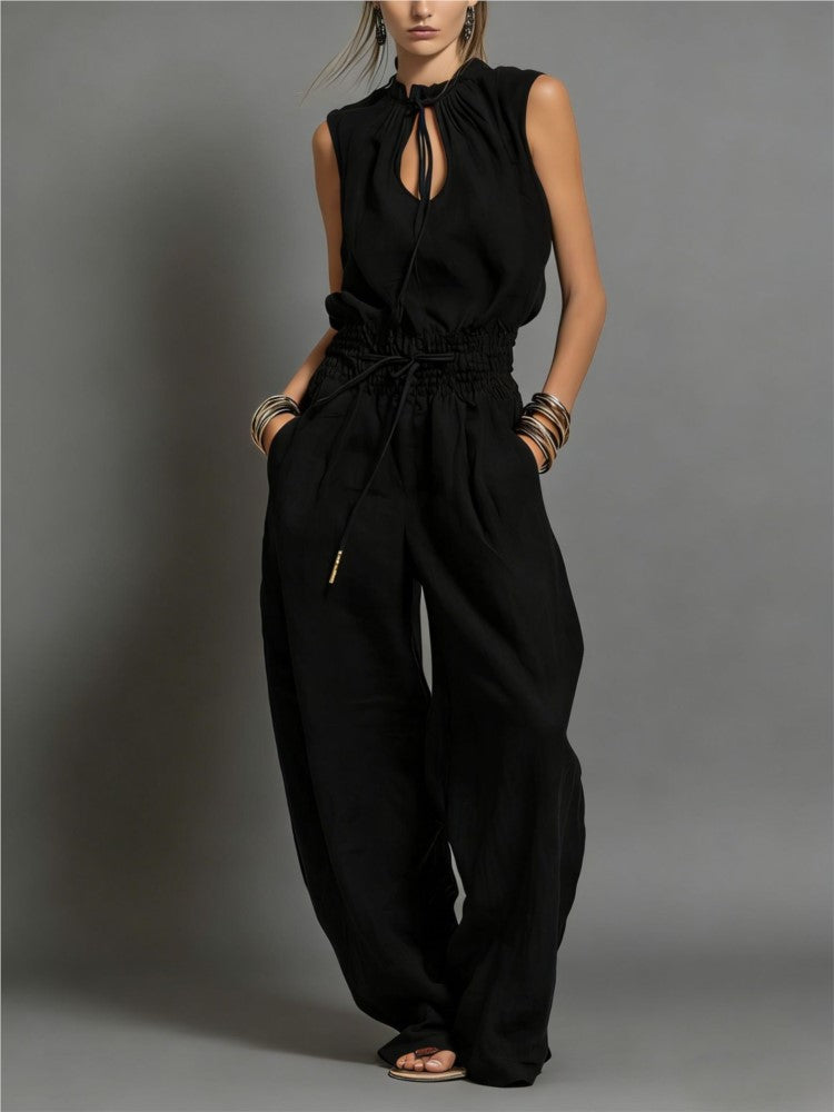 Black sleeveless wide leg jumpsuit