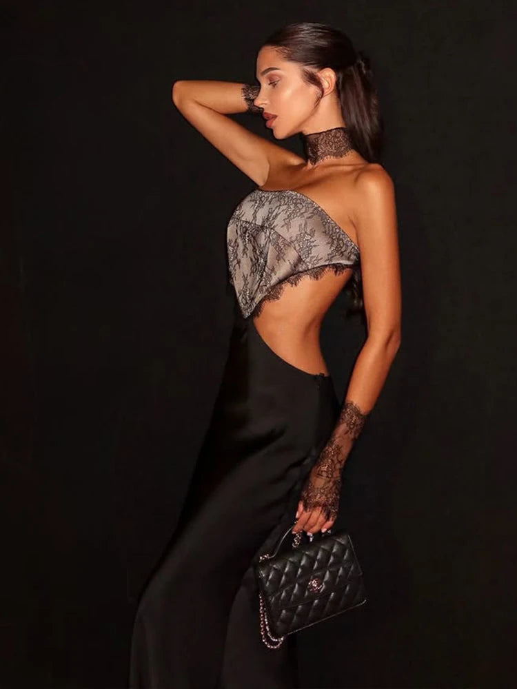 Floral lace bustier evening gown