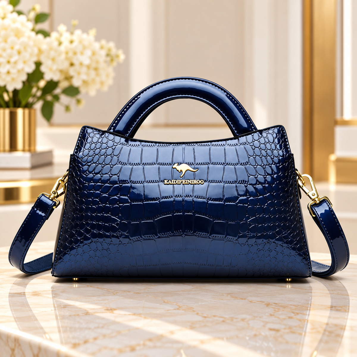 Navy blue crocodile embossed handbag