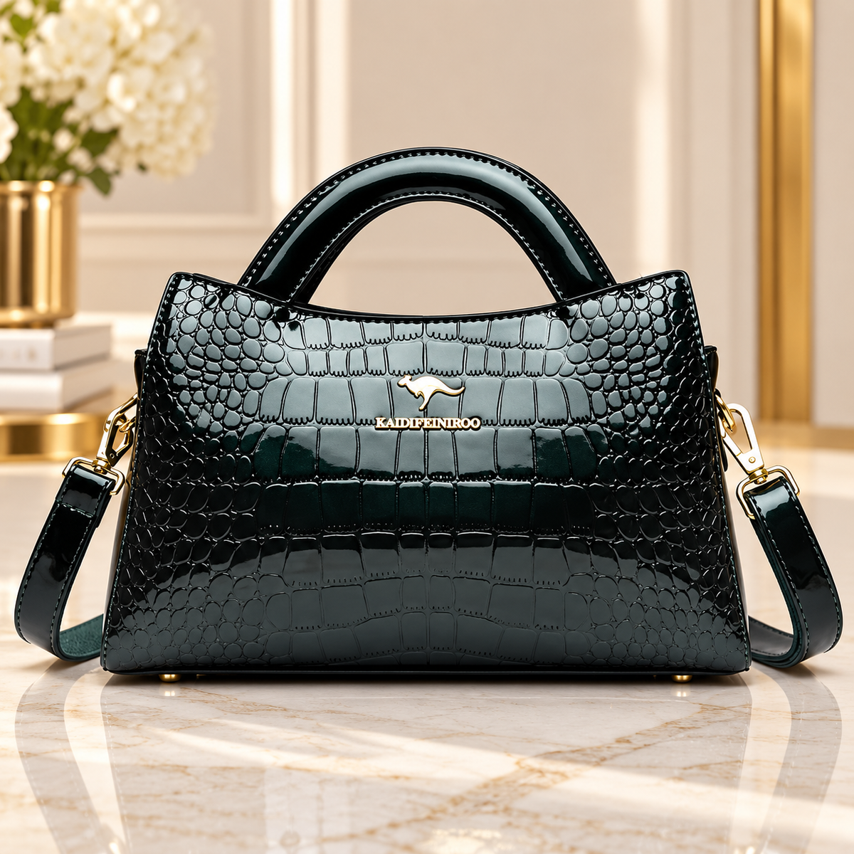 Dark green crocodile embossed handbag
