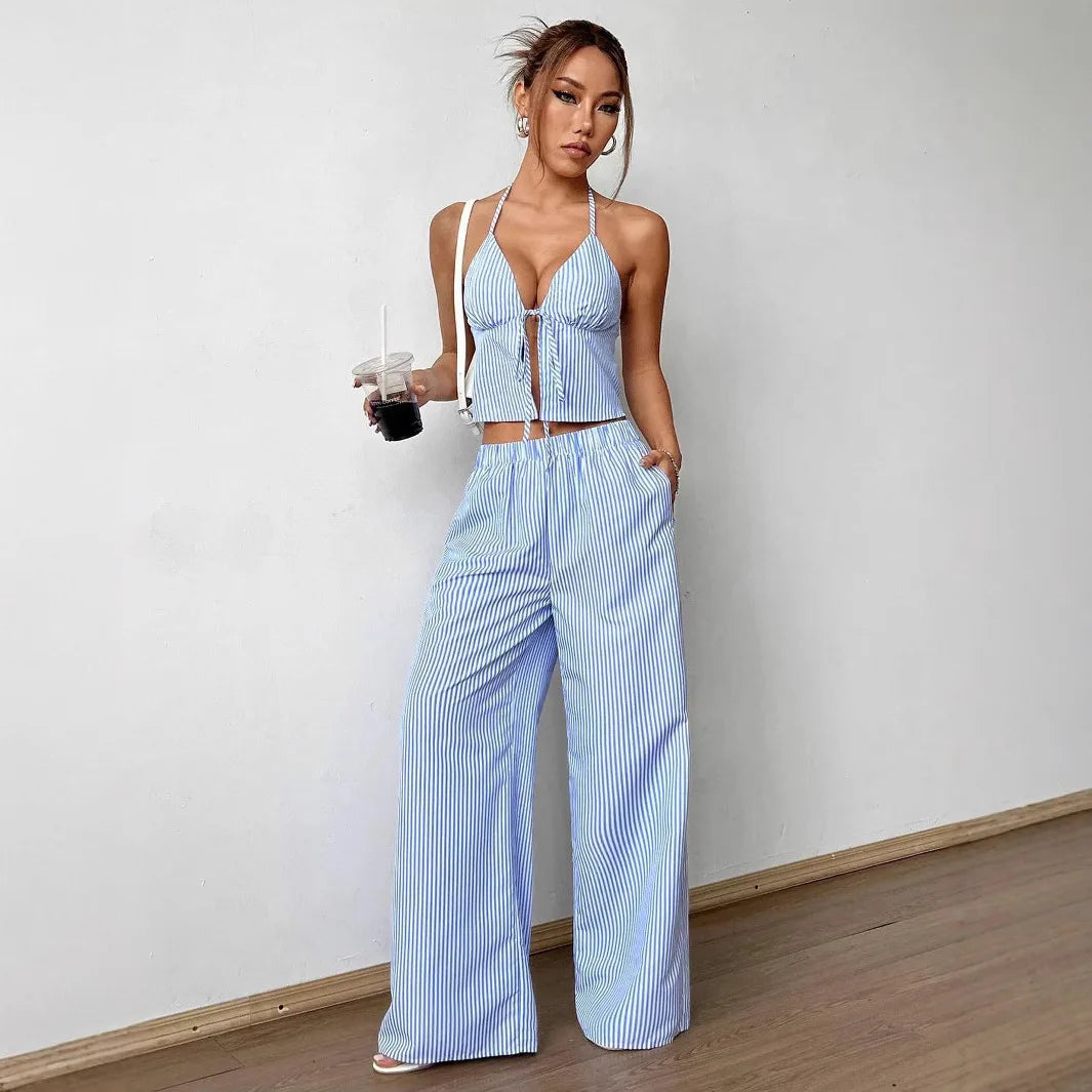 Striped Halter Crop Top Set