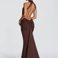 Backless ruched evening gown side view