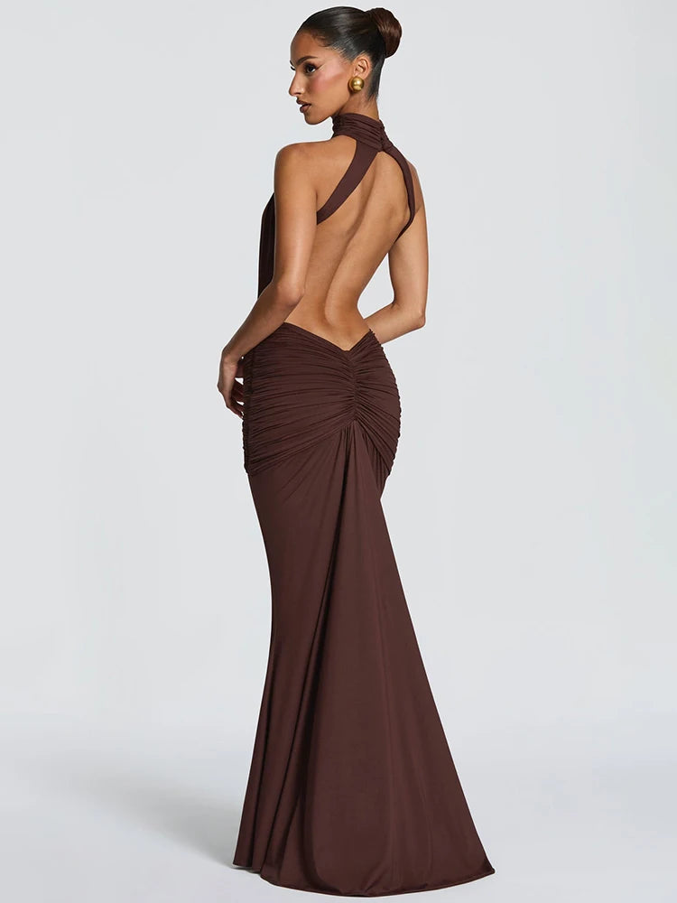 Backless ruched evening gown side view