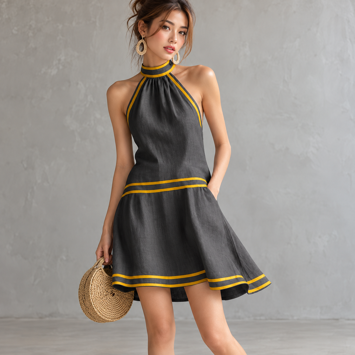 Sleeveless Drop Waist Flared Dress: Halter Neck Mini Dress for Women