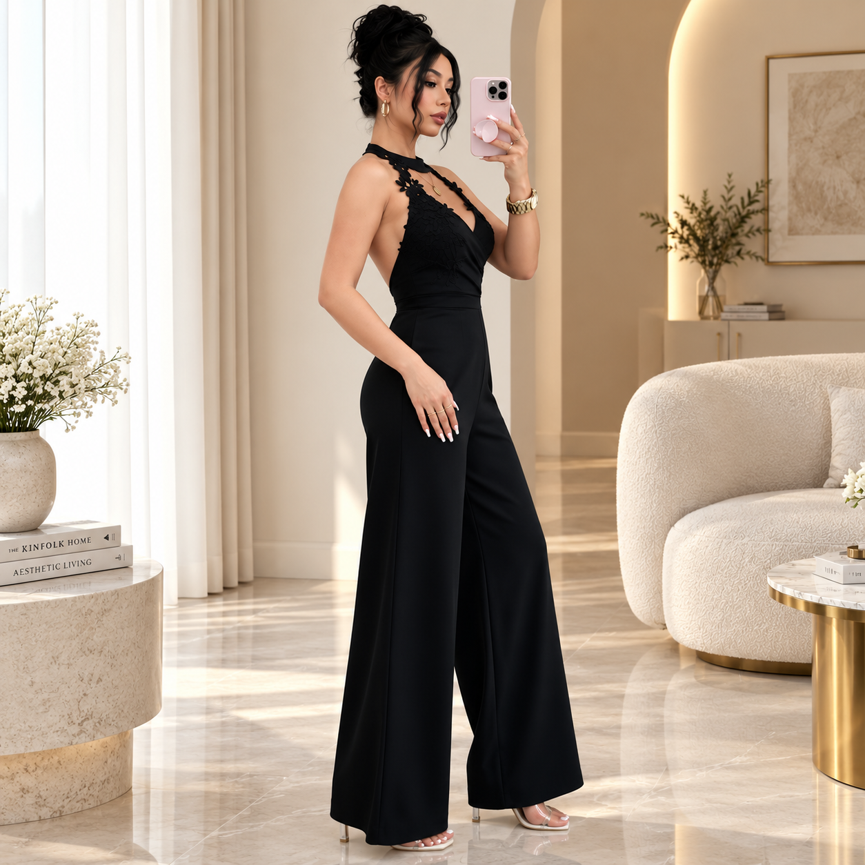 Floral lace black jumpsuit