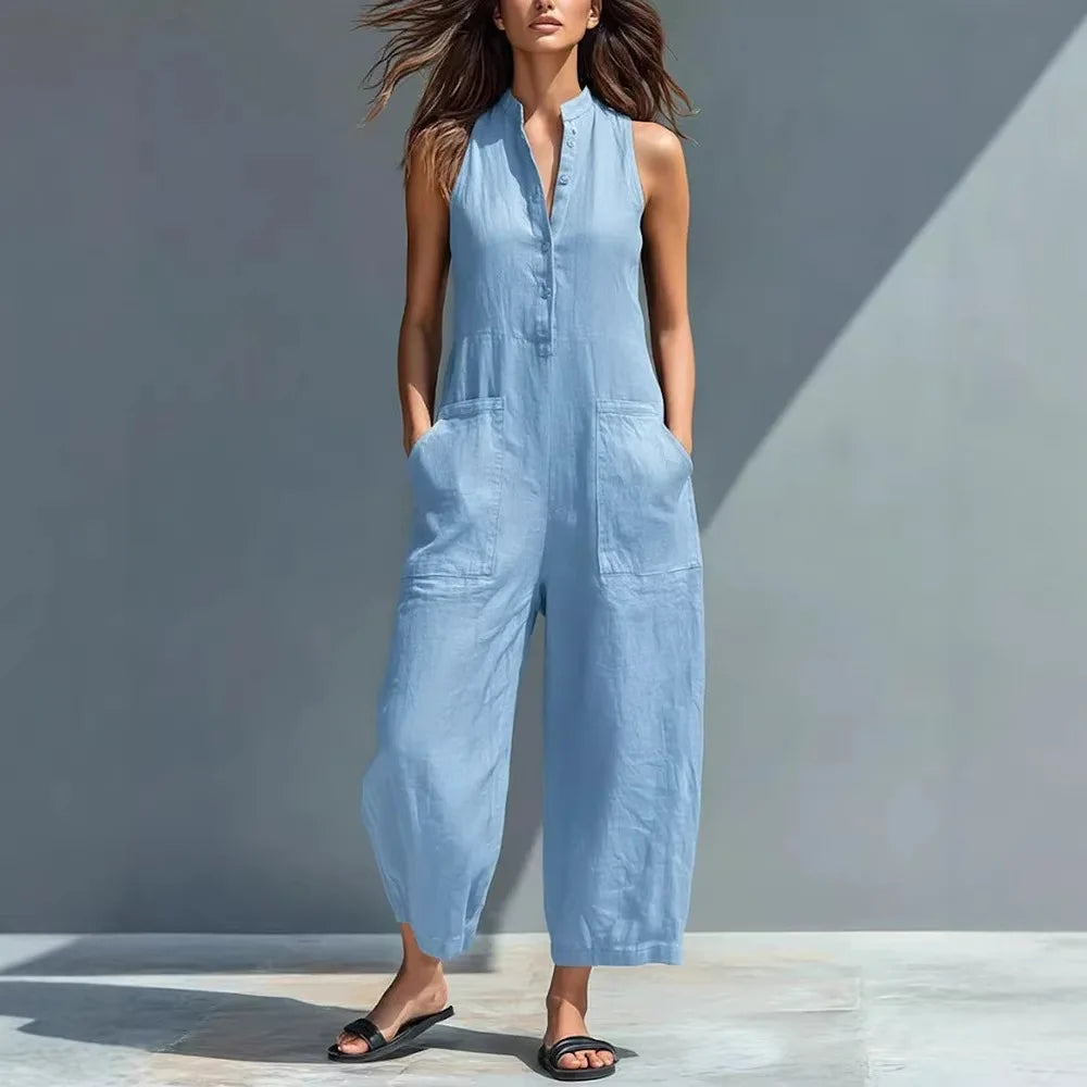 Pocketed Button Front Jumpsuit