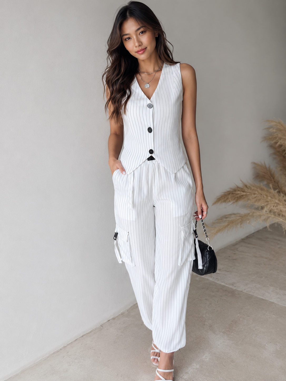 Sleeveless Pinstripe Outfit Set