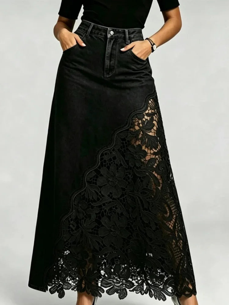 Long denim skirt lace panel