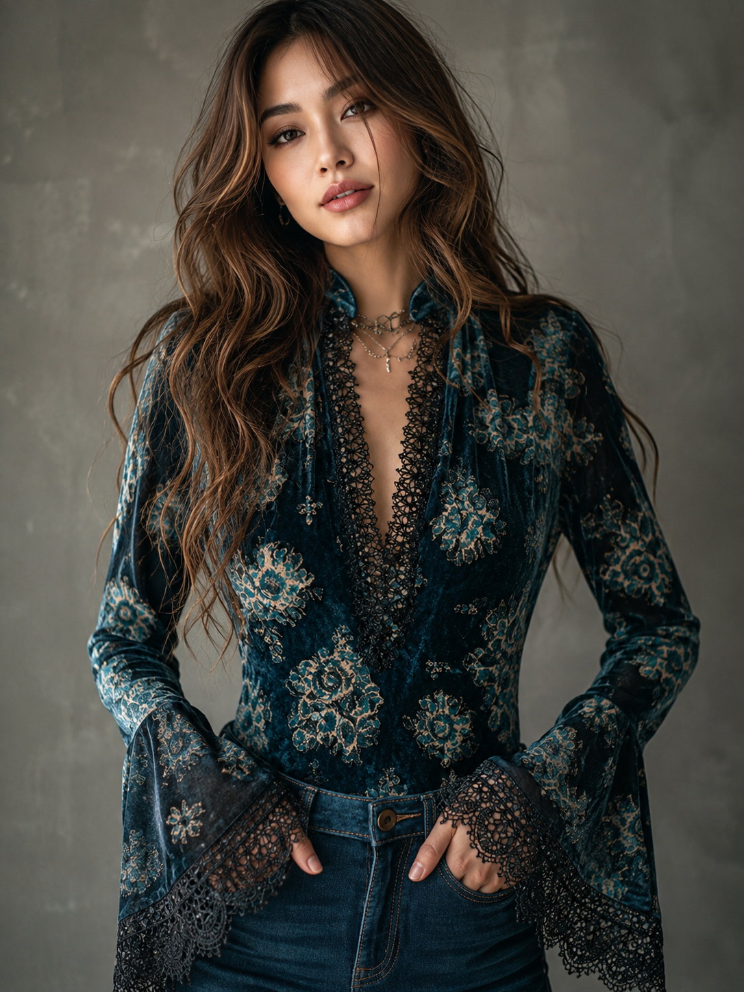 Floral velvet lace trim blouse