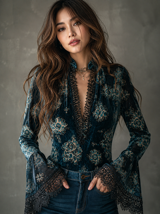 Floral velvet lace trim blouse