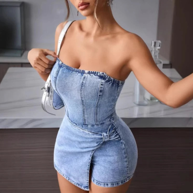 Light blue denim romper