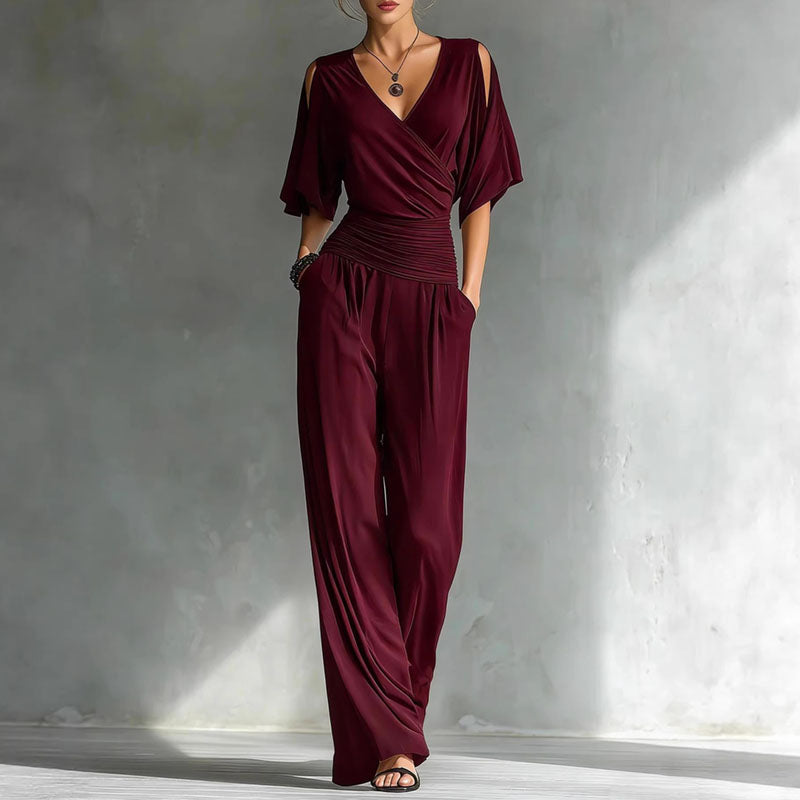 Burgundy wrap wide leg jumpsuit