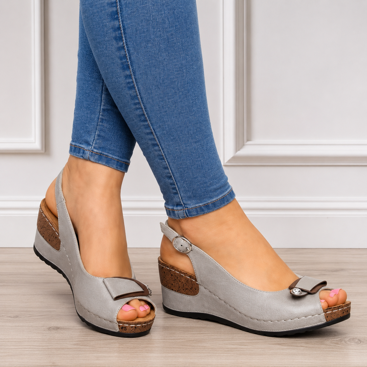 Grey Wedge Slingback Sandals