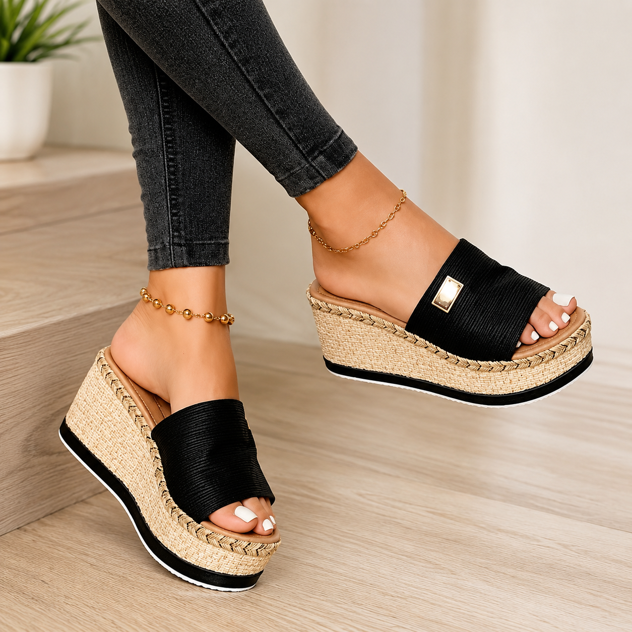 Black espadrille wedge sandals
