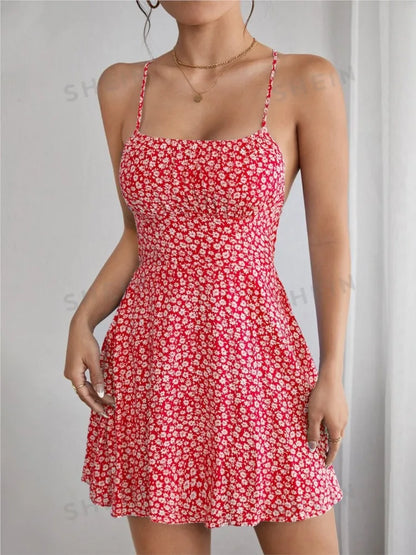 Red floral mini dress