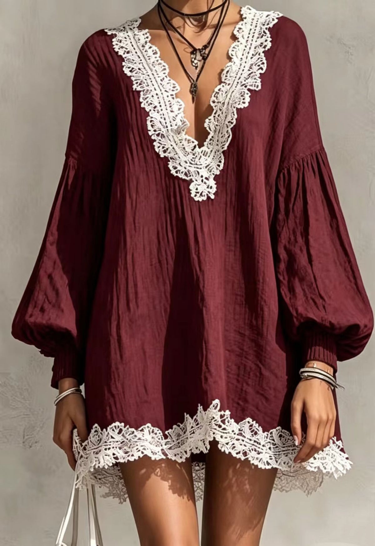 Deep V Neck Balloon Sleeve Dress