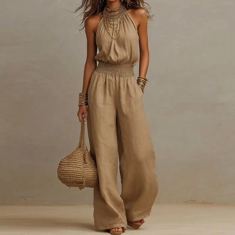 Linen blend wide jumpsuit